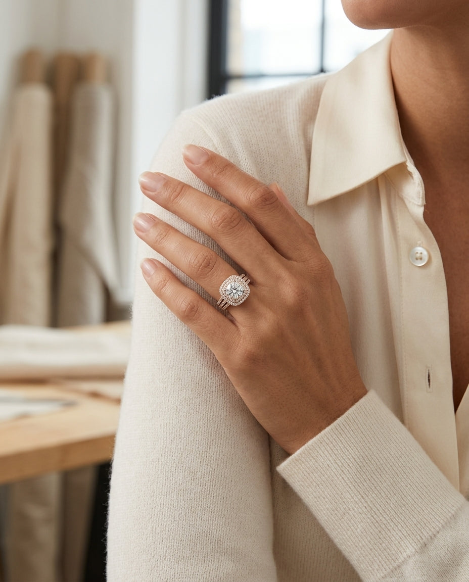 1 4/5ctw Round Diamond Double Square Halo Engagement Ring With Pave Split Shank In 14k Rose Gold, Igi-certified — editorial close-up