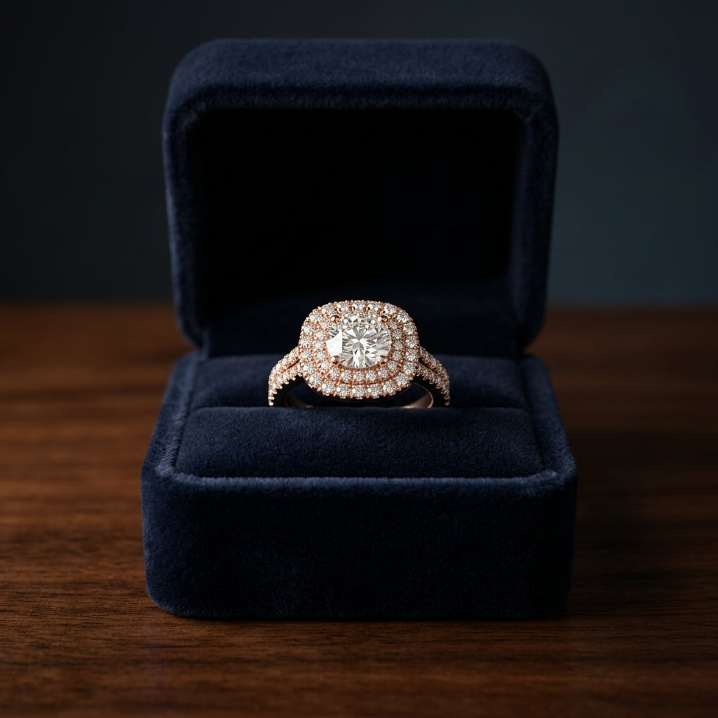1 4/5ctw Round Diamond Double Square Halo Engagement Ring With Pave Split Shank In 14k Rose Gold, Igi-certified — gift presentation
