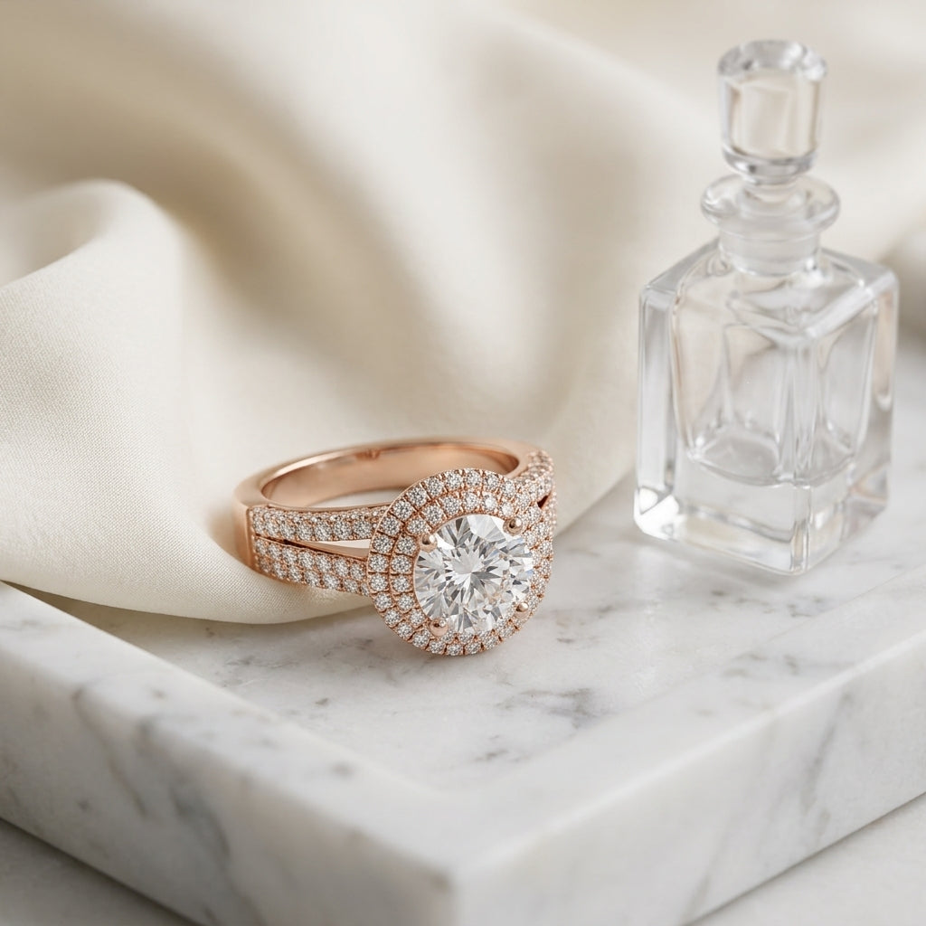 1 9/10ctw Round Diamond Double Halo Engagement Ring With Split Pave Shank In 14k Rose Gold, Igi-certified — atelier still life