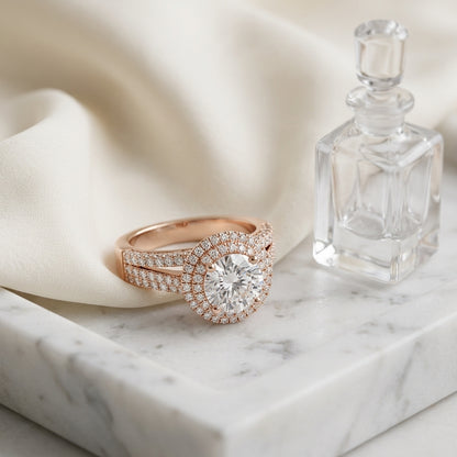 1 9/10ctw Round Diamond Double Halo Engagement Ring With Split Pave Shank In 14k Rose Gold, Igi-certified — atelier still life