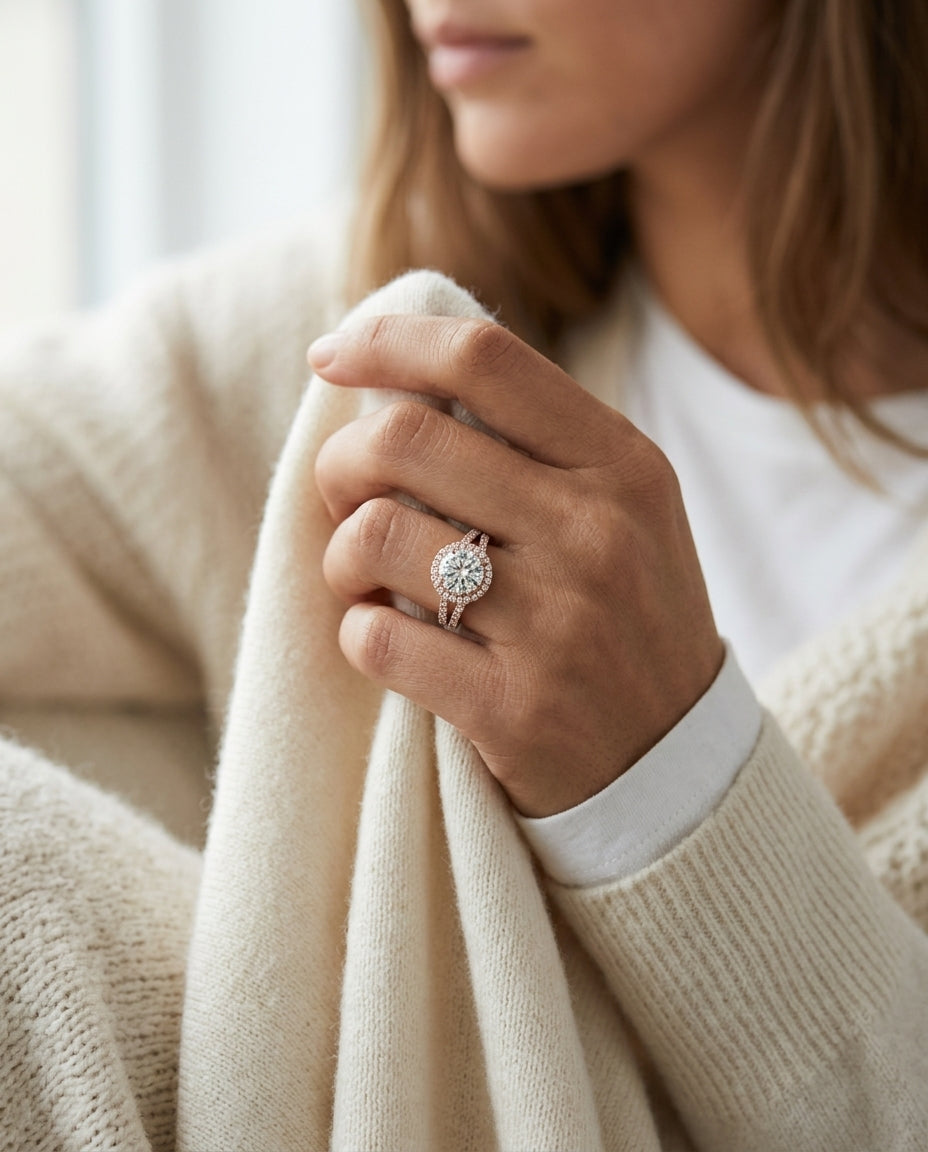 1 9/10ctw Round Diamond Double Halo Engagement Ring With Split Pave Shank In 14k Rose Gold, Igi-certified — editorial close-up