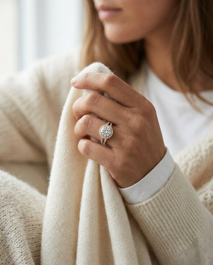 1 9/10ctw Round Diamond Double Halo Engagement Ring With Split Pave Shank In 14k Rose Gold, Igi-certified — editorial close-up