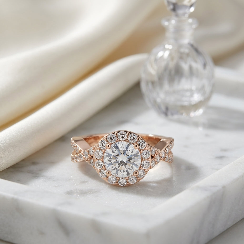 1 3/4ctw Round Diamond Halo Engagement Ring With Infinity  Shank In 14k Rose Gold, Igi-certified — atelier still life