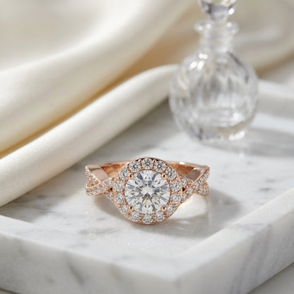 1 3/4ctw Round Diamond Halo Engagement Ring With Infinity  Shank In 14k Rose Gold, Igi-certified — atelier still life