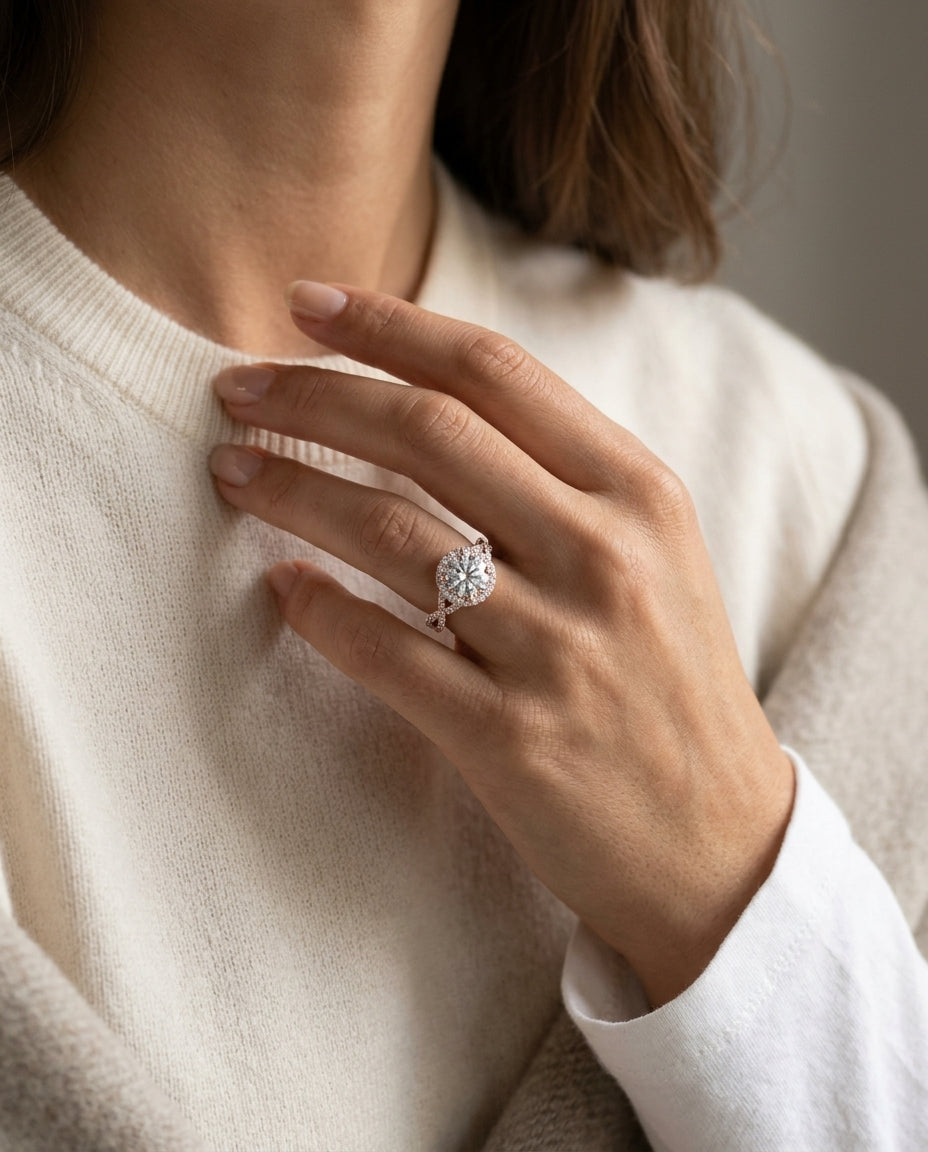1 3/4ctw Round Diamond Halo Engagement Ring With Infinity  Shank In 14k Rose Gold, Igi-certified — editorial close-up