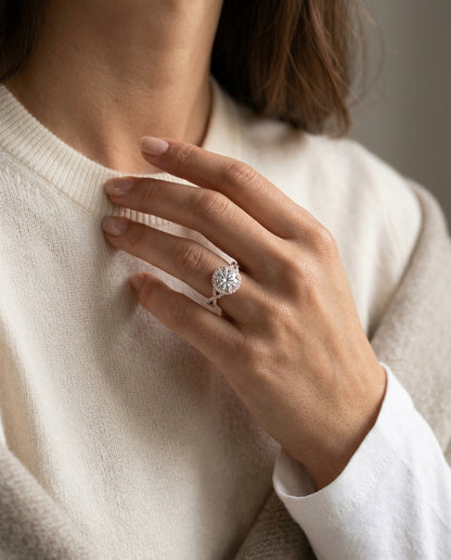 1 3/4ctw Round Diamond Halo Engagement Ring With Infinity  Shank In 14k Rose Gold, Igi-certified — editorial close-up