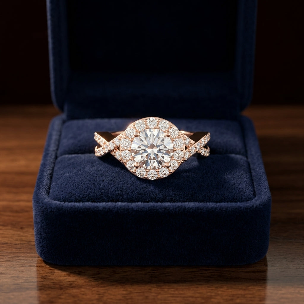 1 3/4ctw Round Diamond Halo Engagement Ring With Infinity  Shank In 14k Rose Gold, Igi-certified — gift presentation