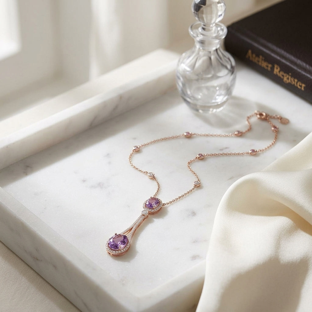 Amethyst, Pink Tourmaline And Diamond Pendant Pendulum Necklace In 14k Rose Gold — atelier still life