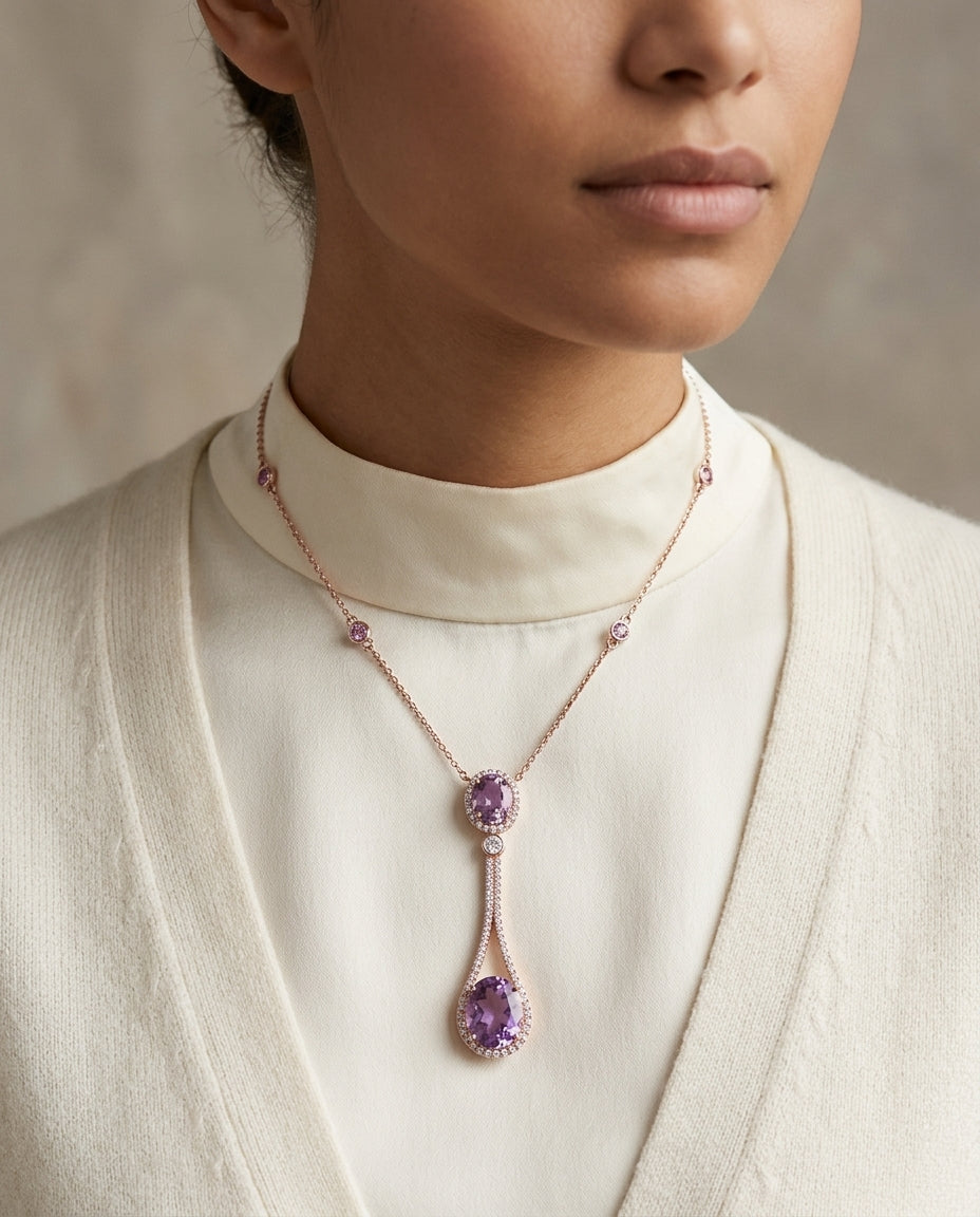 Amethyst, Pink Tourmaline And Diamond Pendant Pendulum Necklace In 14k Rose Gold — editorial close-up
