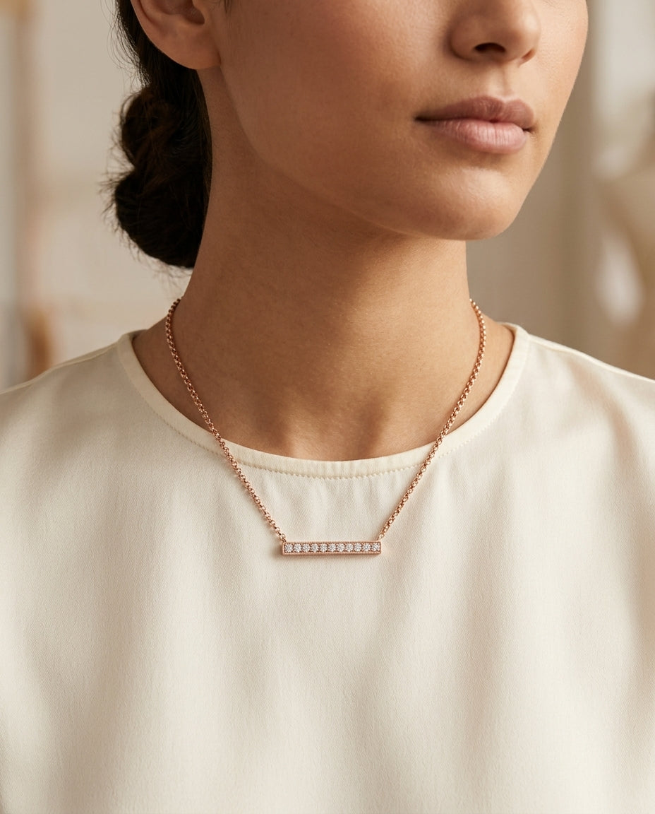 Diamond Bar Necklace In 14k Rose Gold — editorial close-up