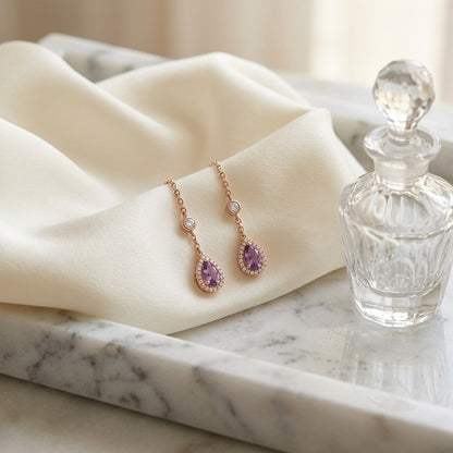 Amethyst and Diamond Teardrop Halo and Round Bezel Station Necklace in 14k Rose Gold (6x4mm) 16-18 Inch Adj Chain — marble silk