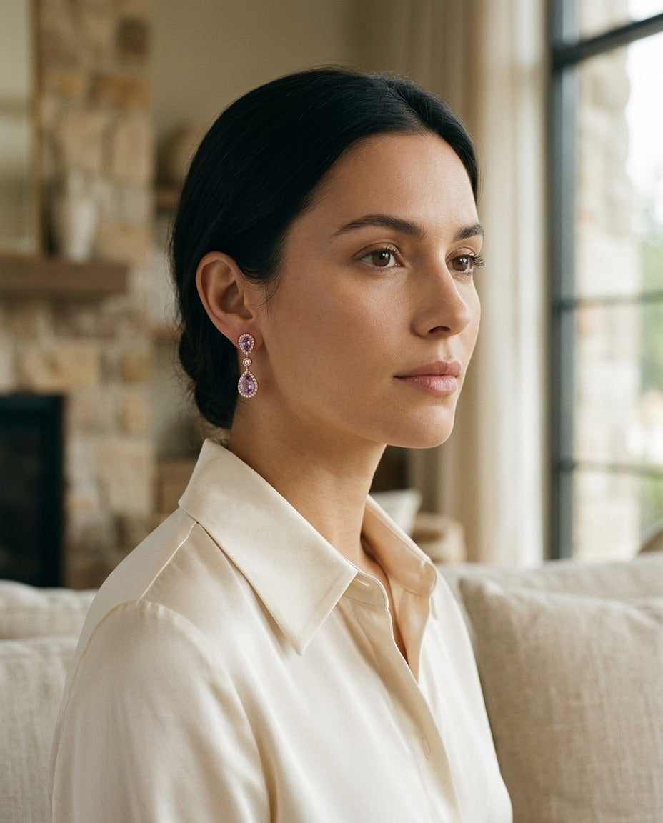Amethyst and Diamond Teardrop Halo and Round Bezel Station Necklace in 14k Rose Gold (6x4mm) 16-18 Inch Adj Chain — portrait close
