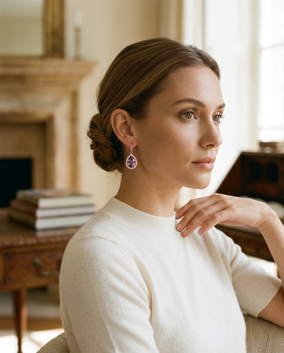 Amethyst and Diamond Teardrop Halo and Round Bezel Station Necklace in 14k Rose Gold (6x4mm) 16-18 Inch Adj Chain — portrait full