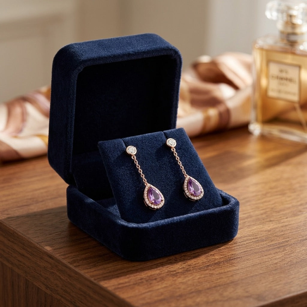 Amethyst and Diamond Teardrop Halo and Round Bezel Station Necklace in 14k Rose Gold (6x4mm) 16-18 Inch Adj Chain — velvet box