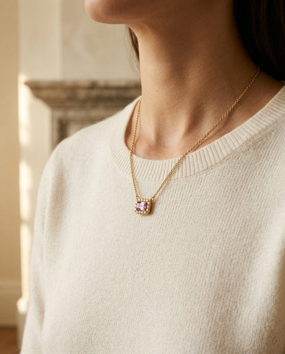 Sapphire and 1/16ctw Diamond Necklace 18in Chain 14k Rose Gold — portrait close