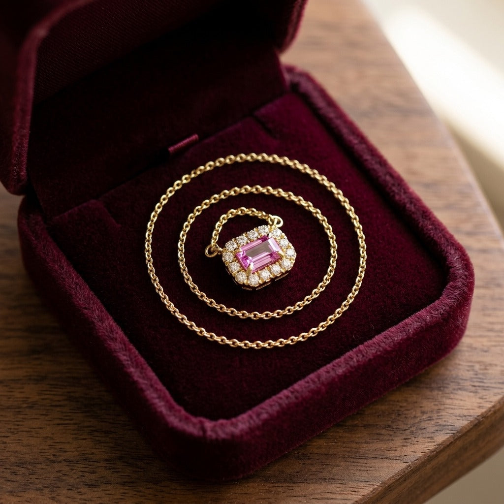 Sapphire and 1/16ctw Diamond Necklace 18in Chain 14k Rose Gold — velvet box