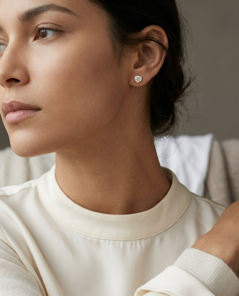 14k Rose Gold Bezel Set Round Brilliant Diamond Stud Earrings (0.74 Ct. T.w., Si1-si2 Clarity, H-i Color) — editorial close-up