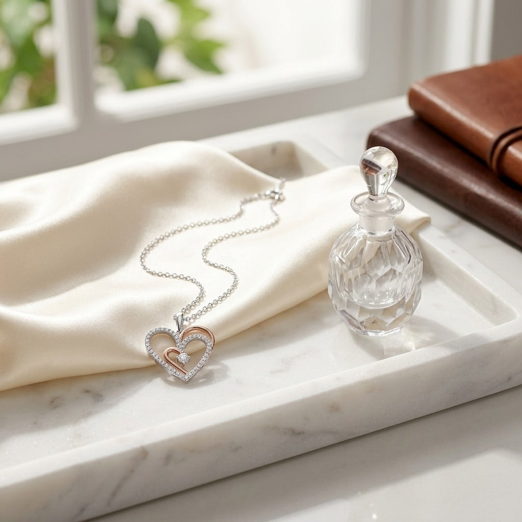 Diamond Two Tone Heart Pendant In 14k White/Rose Gold — marble silk
