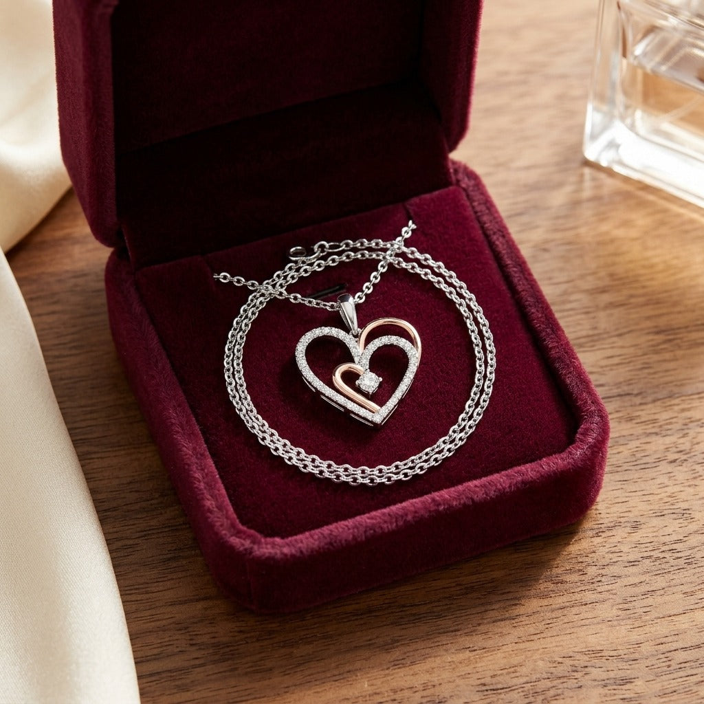 Diamond Two Tone Heart Pendant In 14k White/Rose Gold — velvet box