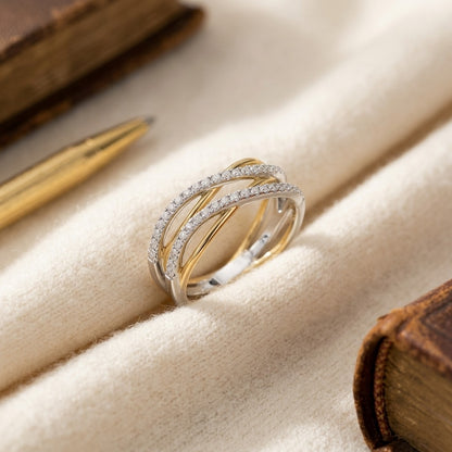 Diamond Double Wave Ring In 14k Two Tone Gold 1/6 ctw — textile flat lay