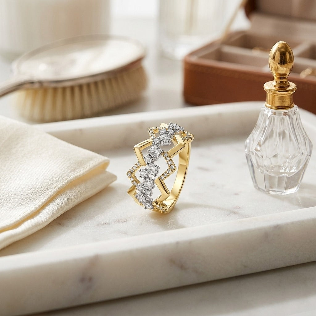 Diamond Criss-Cross High-Polish Accent Ring in 14k Yellow and White Gold — marble silk