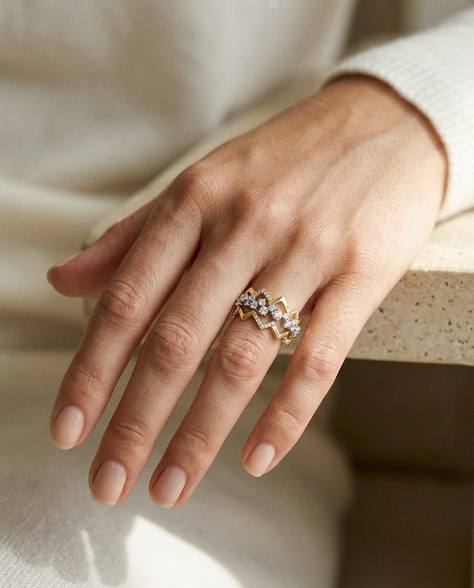 Diamond Criss-Cross High-Polish Accent Ring in 14k Yellow and White Gold — portrait close