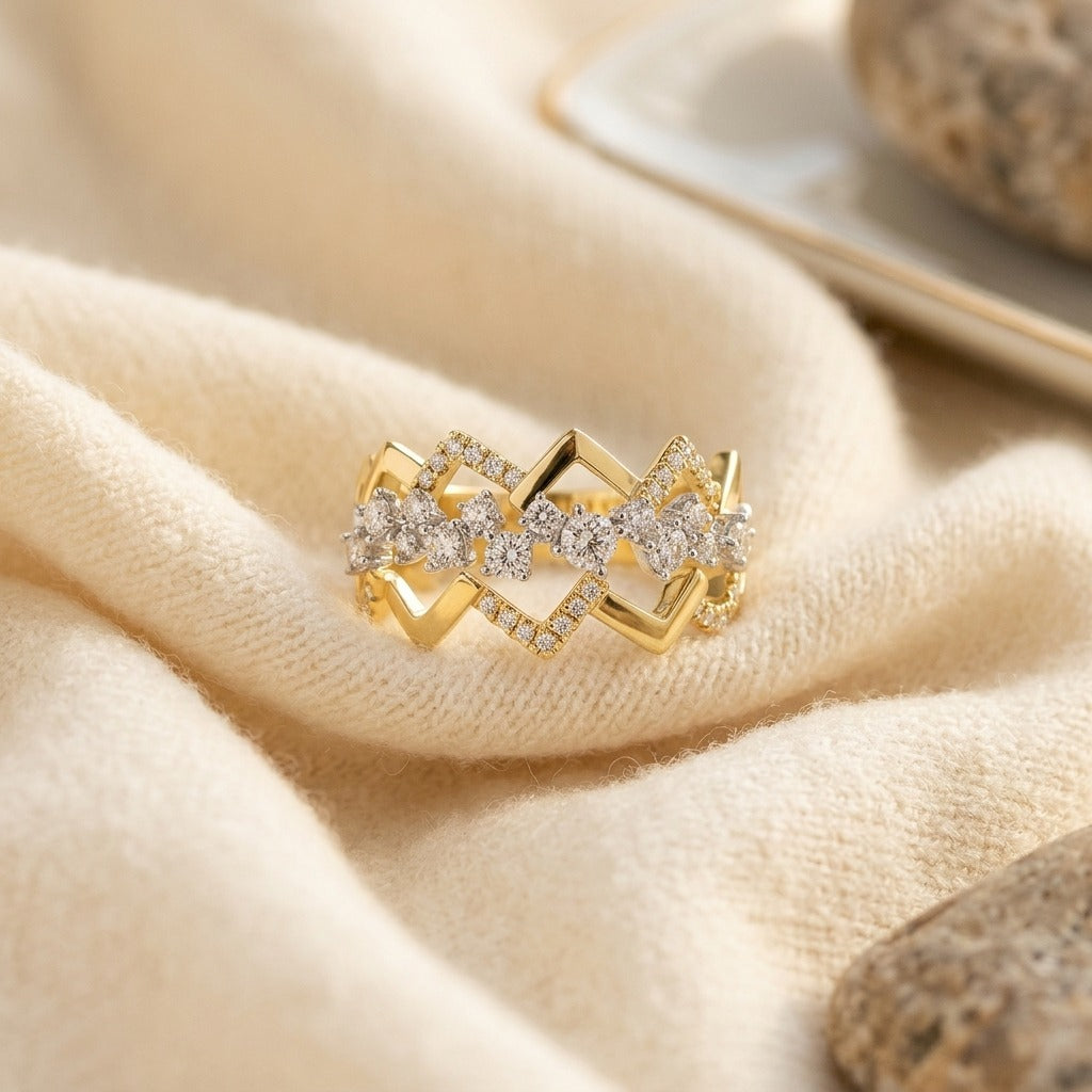 Diamond Criss-Cross High-Polish Accent Ring in 14k Yellow and White Gold — textile flat lay