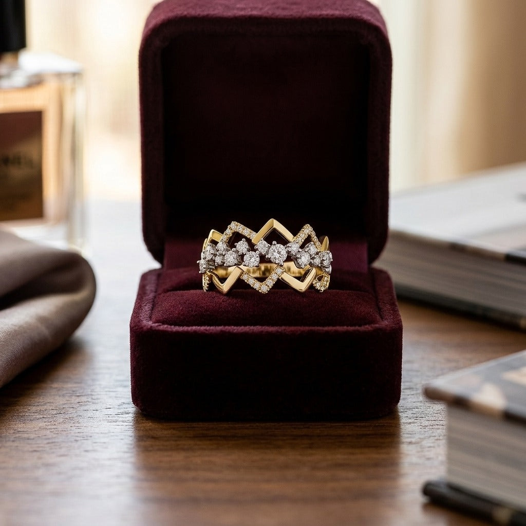 Diamond Criss-Cross High-Polish Accent Ring in 14k Yellow and White Gold — velvet box