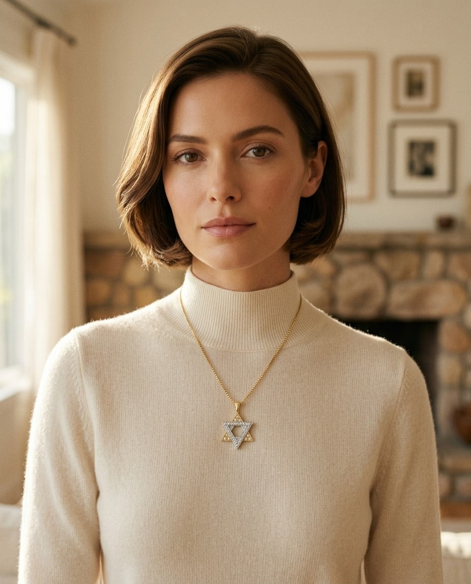 Diamond Star of David Pendant in 14k Two Tone Gold — portrait close