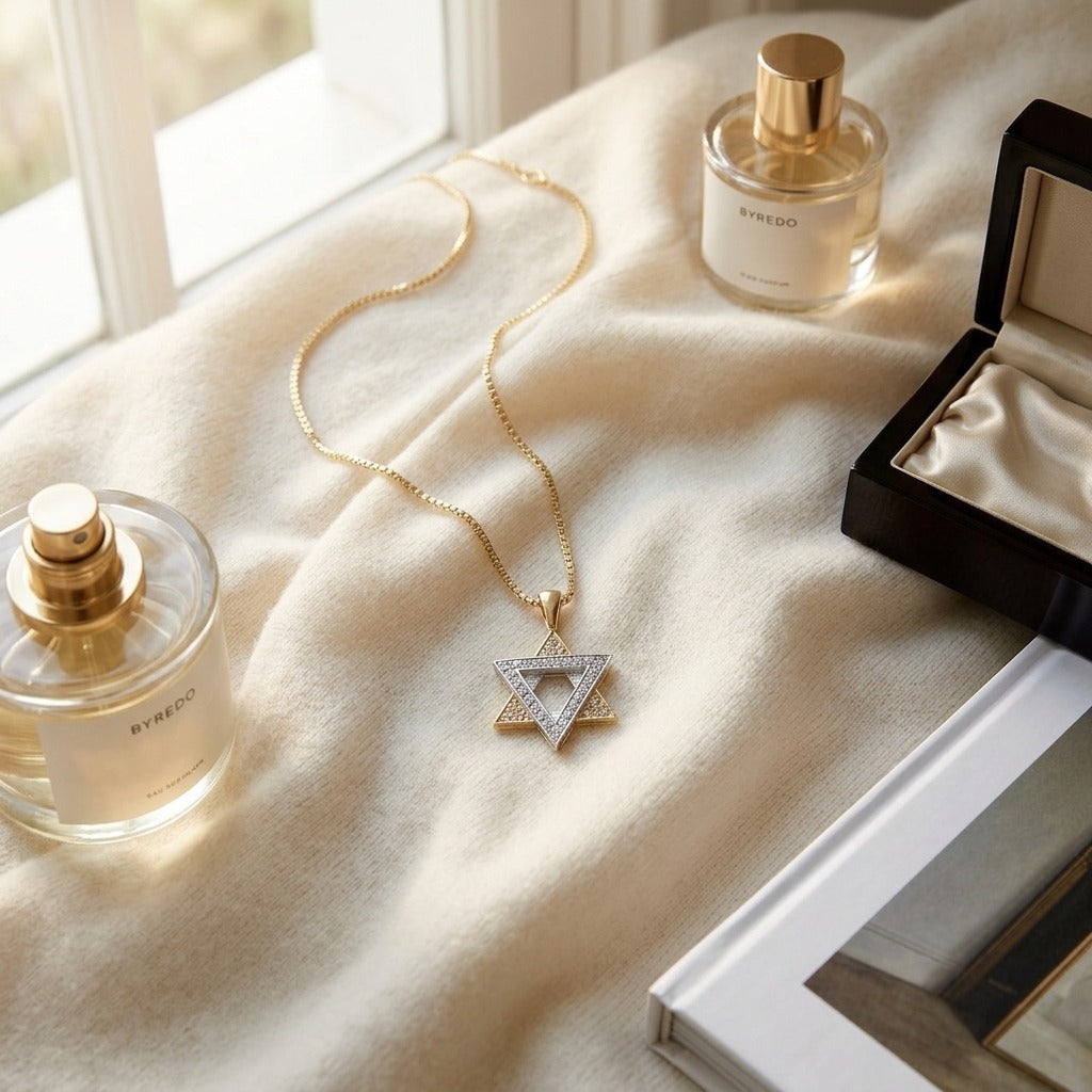 Diamond Star of David Pendant in 14k Two Tone Gold — textile flat lay