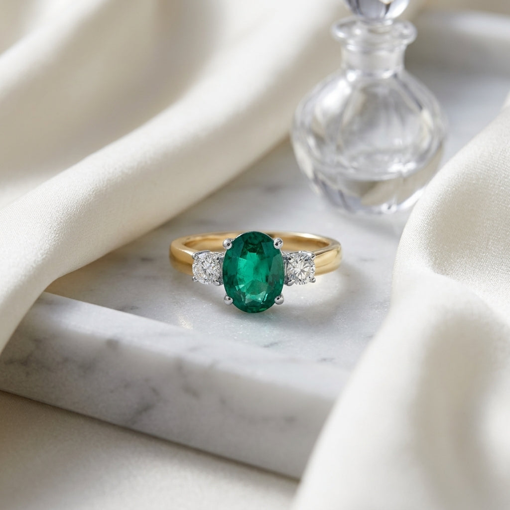 Created Emerald And Diamond Oval 3 Stone Ring In 14k Two Tone Gold — atelier still life