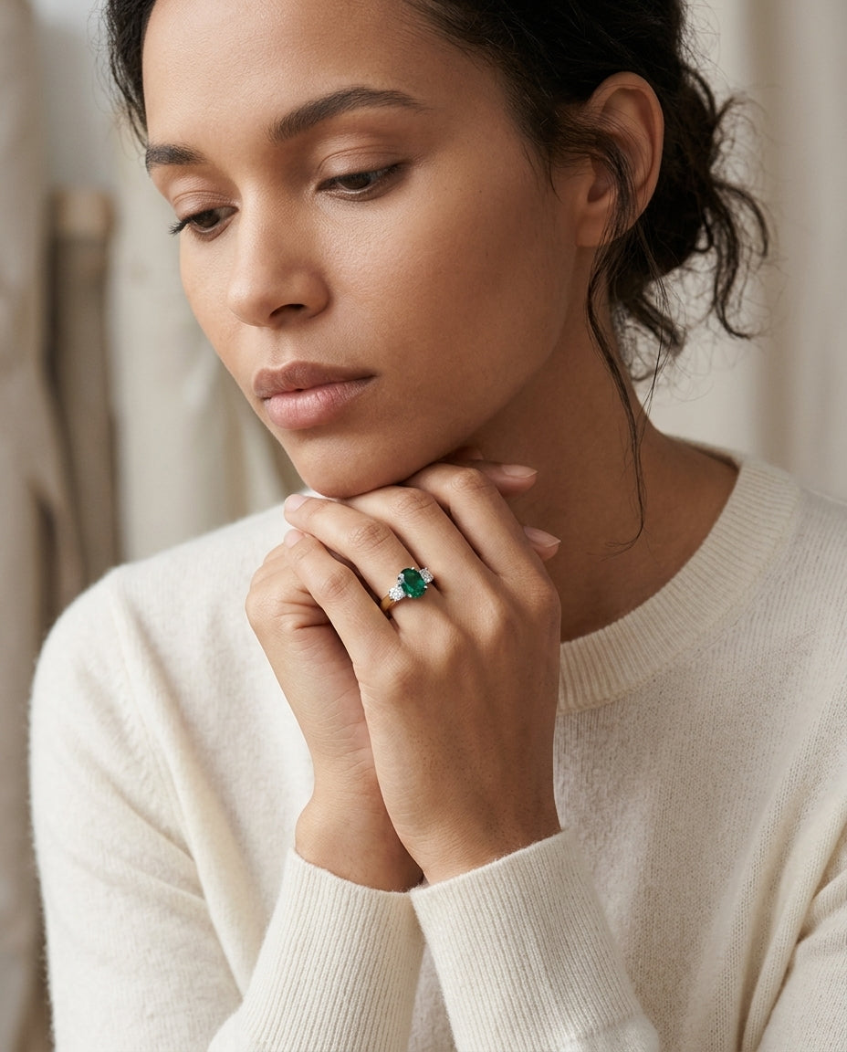 Created Emerald And Diamond Oval 3 Stone Ring In 14k Two Tone Gold — editorial close-up
