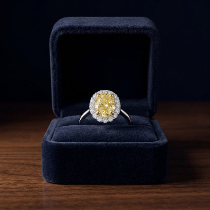 Fancy Light Yellow Diamond Oval Halo Ring In 14k Two Tone Gold — gift presentation
