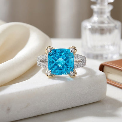 Swiss Blue Topaz And Diamond Cushion Ring In 14k Gold — atelier still life