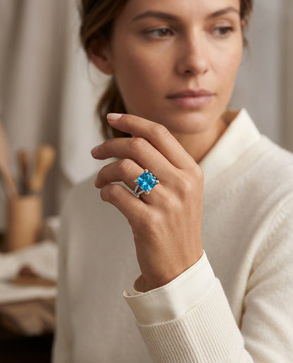 Swiss Blue Topaz And Diamond Cushion Ring In 14k Gold — editorial close-up