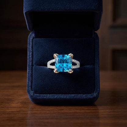 Swiss Blue Topaz And Diamond Cushion Ring In 14k Gold — gift presentation
