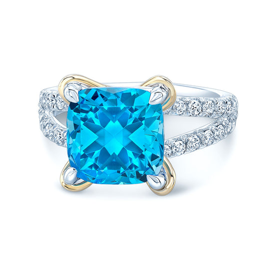 Swiss Blue Topaz And Diamond Cushion Ring In 14k Gold