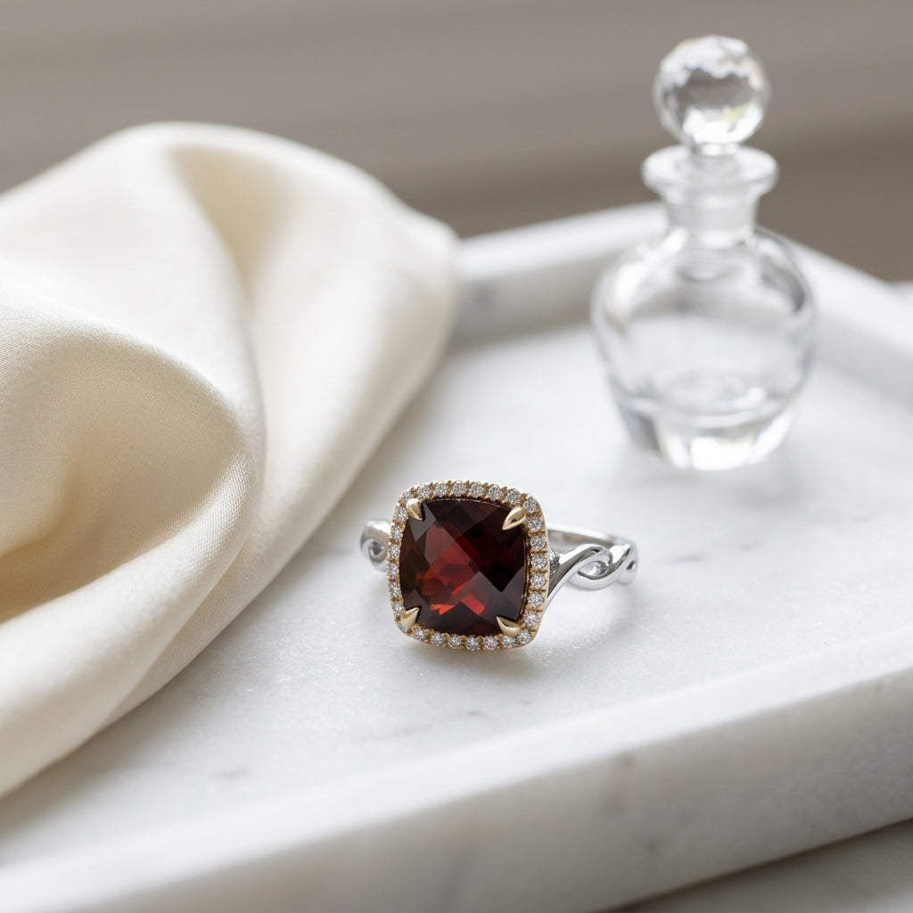 Garnet And Diamond Twist Ring In 14k Two Tone — atelier still life