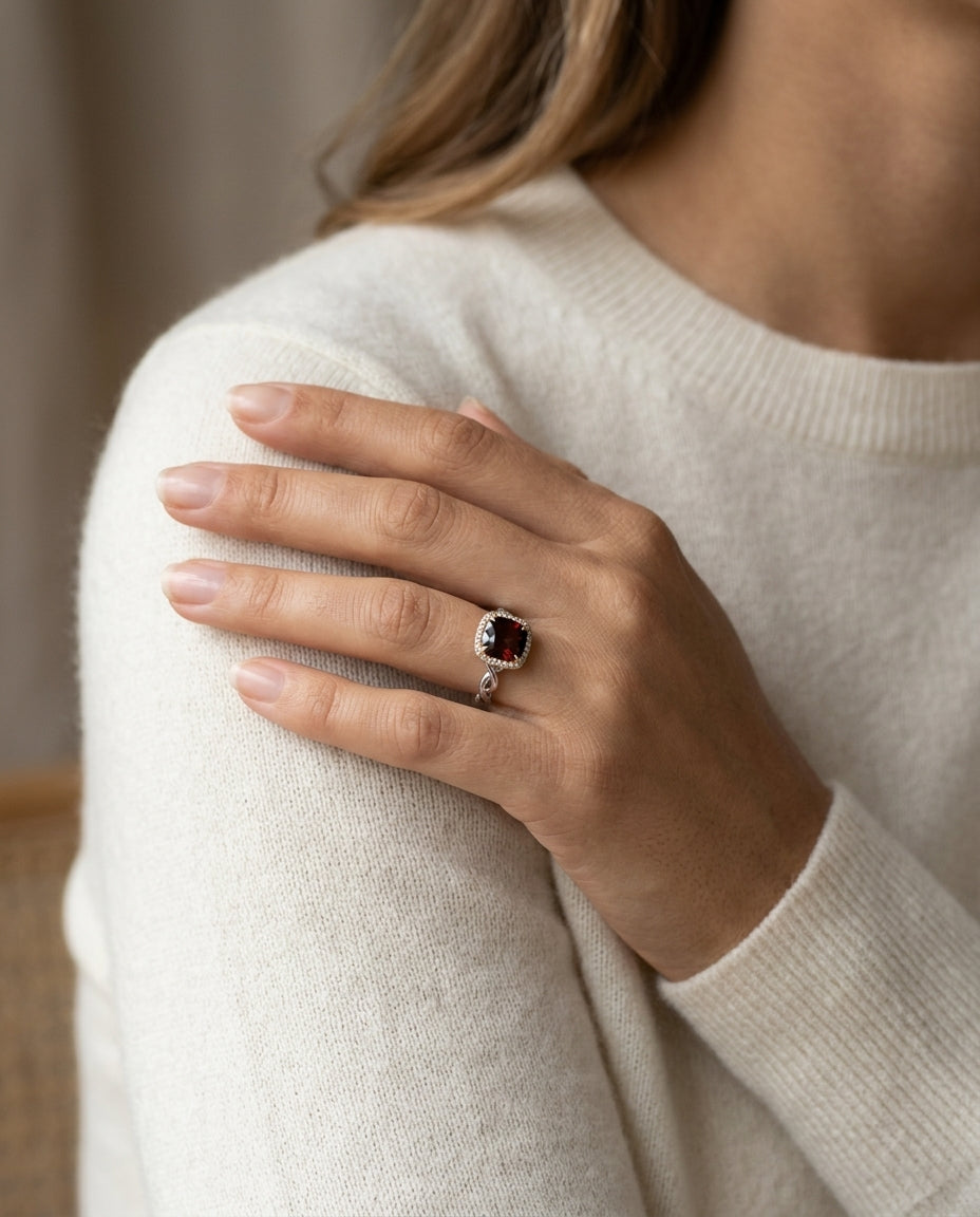 Garnet And Diamond Twist Ring In 14k Two Tone — editorial close-up