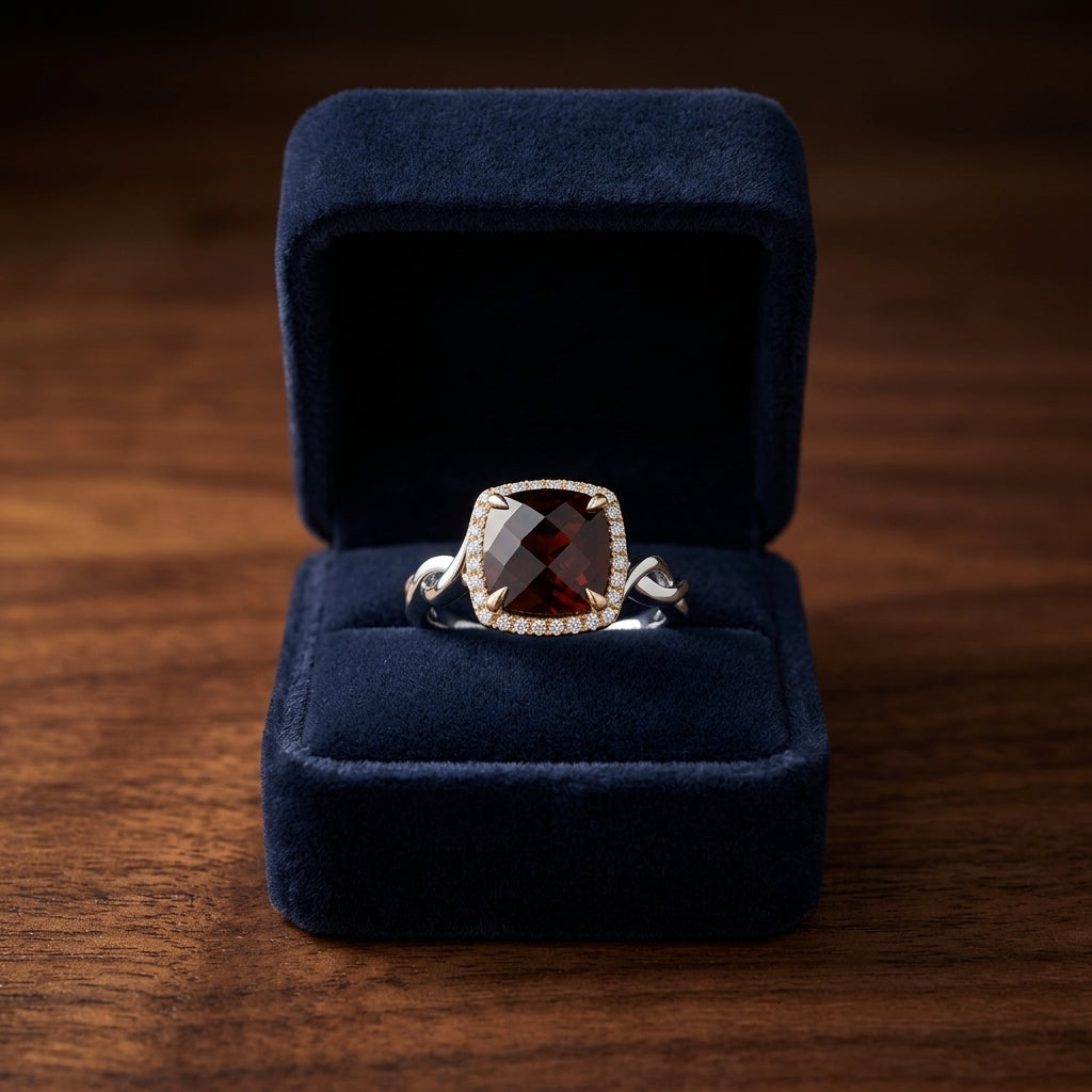 Garnet And Diamond Twist Ring In 14k Two Tone — gift presentation
