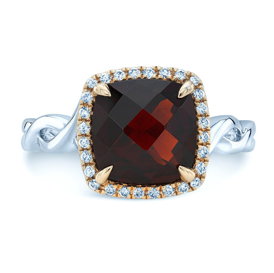 Garnet And Diamond Twist Ring In 14k Two Tone