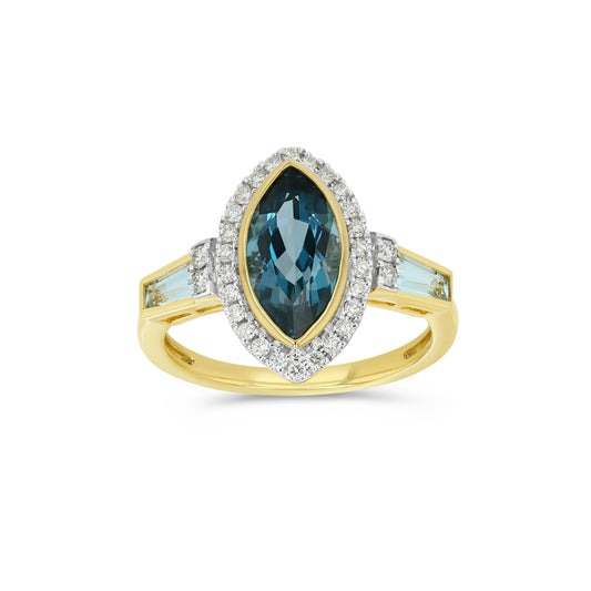 Marquise Baguette Blue Topaz and Diamond Ring in 14K Yellow Gold 1/4ctw