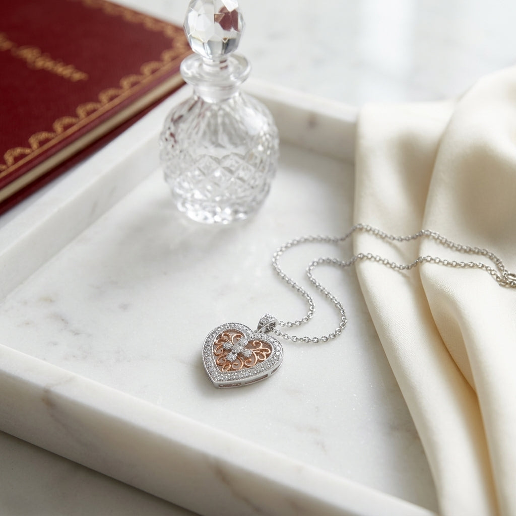 Diamond Heart Filigree Pendant In 14k White Gold — atelier still life
