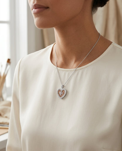 Diamond Heart Filigree Pendant In 14k White Gold — editorial close-up