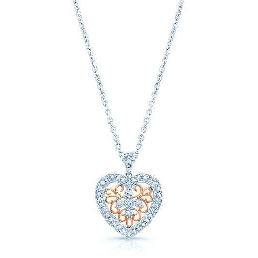 Diamond Heart Filigree Pendant In 14k White Gold
