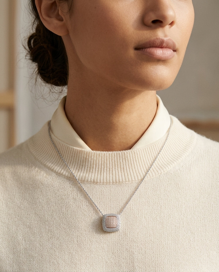 Diamond Pave Square Pendant In 14k Two Tone Gold (9/10 Ct.tw.) — editorial close-up
