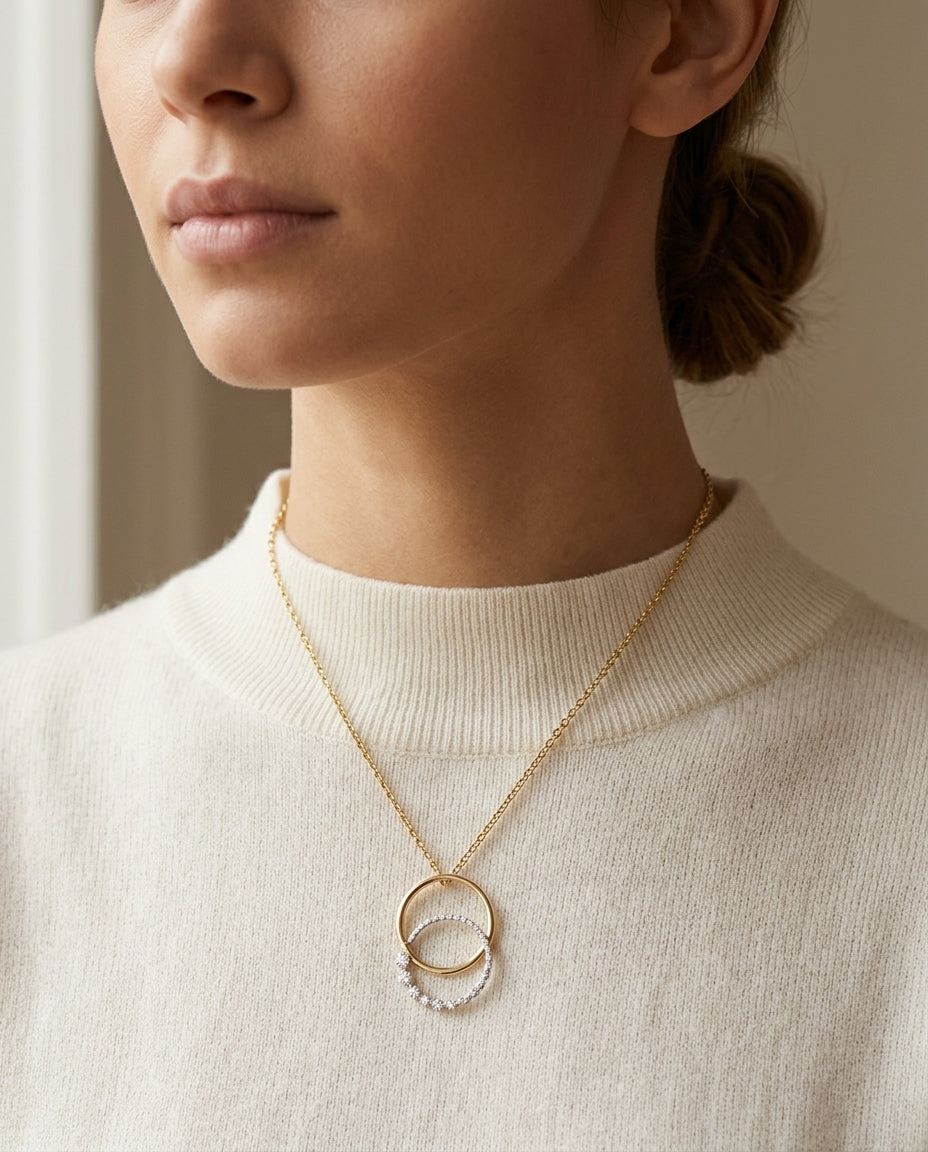 14k Two-tone Double Circle Pendant With 1/3 Ctw Diamonds And Twst Curb Chain — editorial close-up