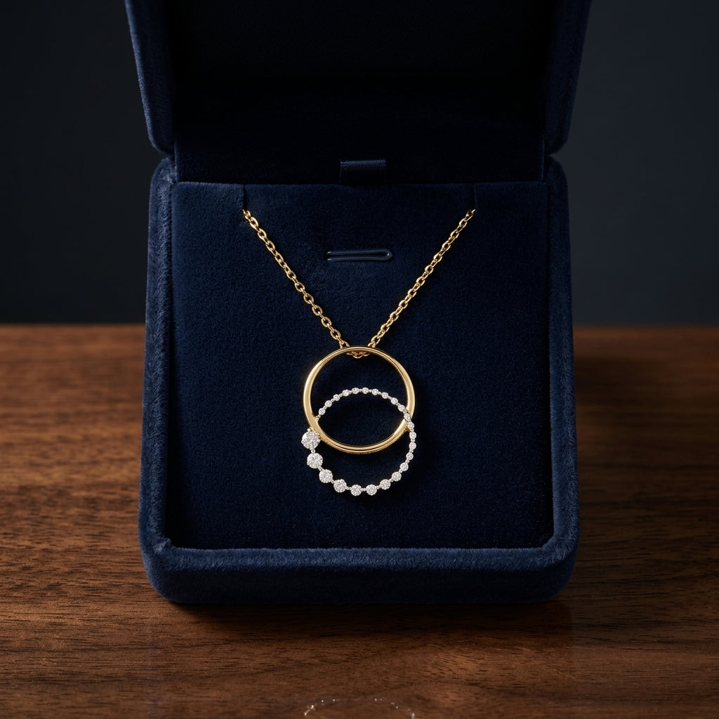 14k Two-tone Double Circle Pendant With 1/3 Ctw Diamonds And Twst Curb Chain — gift presentation