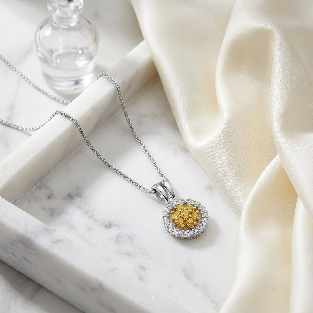 Yellow Sapphire And Diamond Halo Pendant In 14k Two Tone Gold (17-in Wheat Chain) — atelier still life