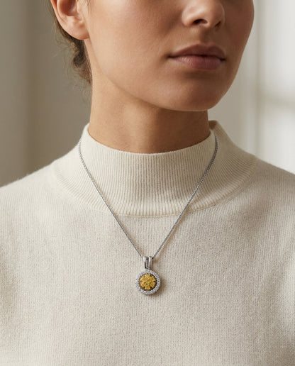 Yellow Sapphire And Diamond Halo Pendant In 14k Two Tone Gold (17-in Wheat Chain) — editorial close-up